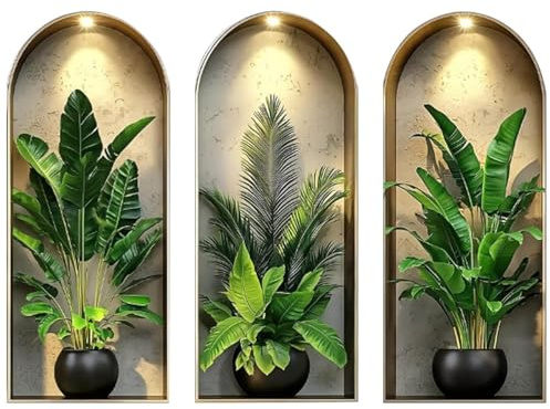3D Pflanzen Wandaufkleber, 3 Stück 25 * 60cm Vase Wandtattoo, Pflanzen Wandsticker mit Grünen Topfpflanzen, Blumenvasen Wandbilder Wohnzimmerdeko, Selbstklebende Vinyl Wandabziehbilder