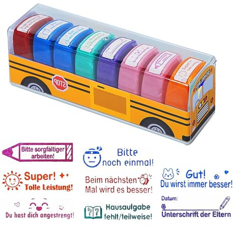 SKIKHN Lehrer Stempel Selbstfärbend, 8 Stück Lehrerstempel Set, Motivationsstempel Selbstfärbend mit Aufbewahrungsbox, Stempel Lehrer für Lehrer Feedback Bewertung, Geschenkidee zum Lehrertag