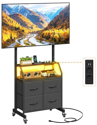 OYRREU Soporte TV con Ruedas, LED y Enchufes Integrados, Soporte TV 32–75 | Mueble TV con Ruedas, Enchufes y Puertos USB, Altura Ajustable, 4 Cajones de Tela, VESA 600x400 mm, Carga Máx 65kg, Negro