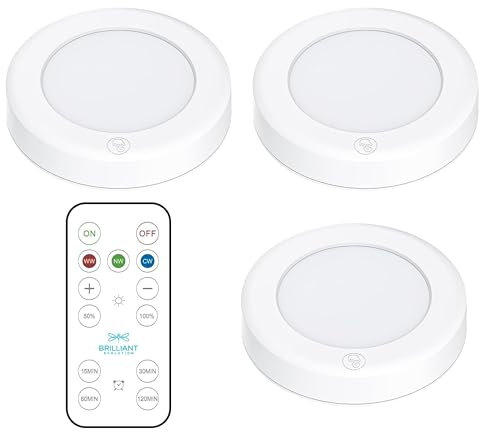 Brilliant Evolution Stick on Puck Lights with Remote, Battery Operated Wireless LED Lights for Cabinets, Stairs, Under Kitchen Cabinet Lighting, Stick on Wall Lights - 3 Pack