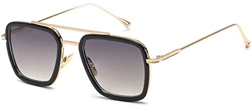 SHEEN KELLY Luxus Retro Sonnenbrille Quadratische Brillen Metallrahmen für Männer Frauen Klassiker Sonnenbrille Piloten Gold Schrittweise Linsen, Grau,