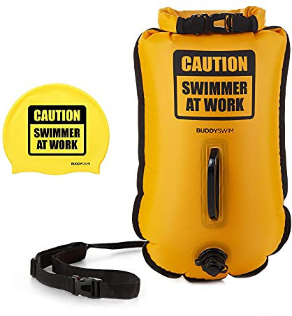 BUDDYSWIM 20 L Set di Boa Nuoto Acque Libere e Cuffia. Boa Nuoto per Nuotare in Acque Libere con Borsa impermeabile e Cuffia in Silicone. Ideale per nuotare nel mare. Giallo