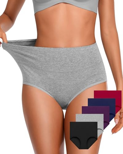 OUENZ Tummy Control Underwear Womens Cotton High Waisted No Muffin Panties Plus Size Full Coverage Postpartum Briefs Pack