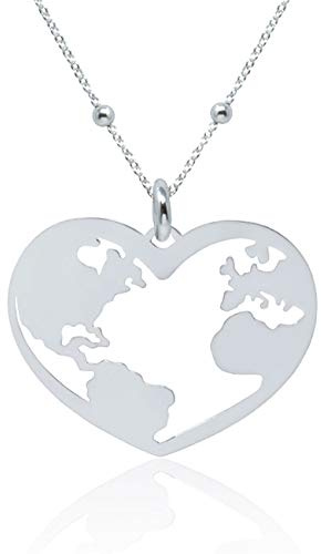 WANDA PLATA Halskette mit großem herzförmigen Weltanhänger für Frauen in 925 Sterling Silber, Weltkarte, Erdkugel, Erde