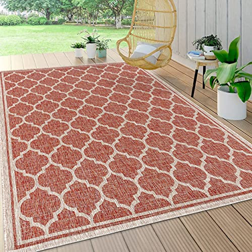 JONATHAN Y SMB109C-5 Trebol Alfombra Exterior Interior Textura Tejido Celosía Marroquí, Bohemia Moderna, Fácil de Limpiar, Habitación, Cocina, 150 cm x 240 cm, Rojo/Beige