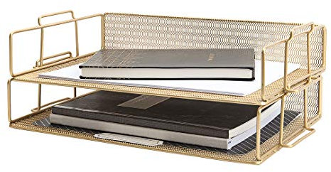Blu Monaco Gold Stackable Letter Tray Set of 2 - Metal Wire Two Tier Inbox Tray for Desk