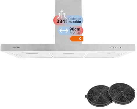 UNIVERSALBLUE Campana T Acero Inoxidable Potencia 500 m³/h | Extractor de Humos Eléctrico de 90 cm de Pared para Cocina | Luz LED | 3 Velocidades y Filtros de Alumino