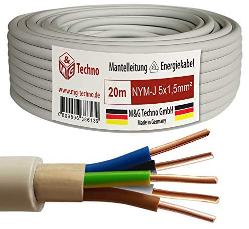 M&G Techno 20m NYM-J 5x1,5 mmІ Mantelleitung Feuchtraumkabel Elektrokabel Kupfer Made in Germany, Grau