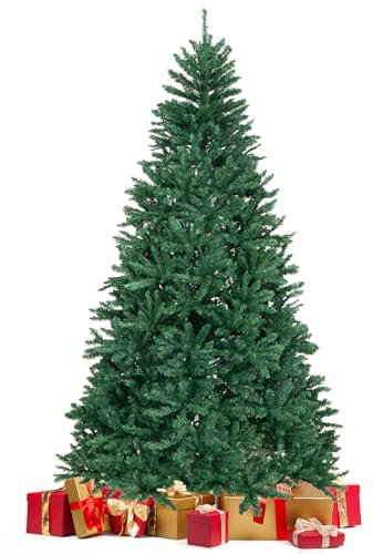 GOPLUS Sapin de Noël Artificiel 225cm, 2254 Aiguilles en PVC, Branches Touffues, Socle en Fer, Ouvert Système Parapluie, Une Paire de Gants, Vert
