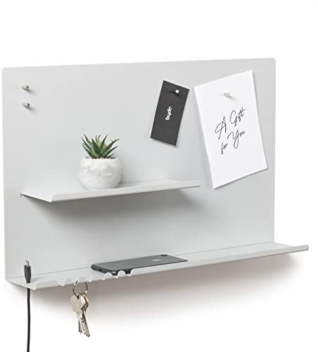 byde Wandorganizer Hebe aus Stahlstruktur. 49 x 9 x 30 cm 3-in-1 Wandregal mit Magnettafel und Magneten. Tafel für Schlüssel, Zeitungen und Notizen. Graue Farbe