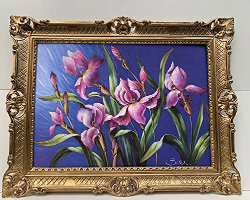 Peinture florale Iris Fleurs avec cadre baroque - 90 x 70 cm - Fleurs de vie morte - Tableau encadré - Décoration murale - Roses vieillies