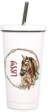 GRAZDesign Cocktailbecher mehrweg mit Deckel, personalisiert mit Namen, Pferd mit Kranz, Trinkbecher mit Trinkhalm aus Edelstahl, ideal als Geschenk