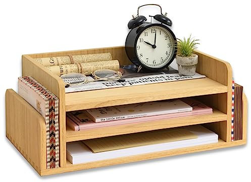 KIRIGEN Wood 3-Tier Office Desktop Document Tray Mail Sorter Organizer Rack -Wooden Document Letter Tray for Folders, Mail, Stationary, Desk Accessories - Natural