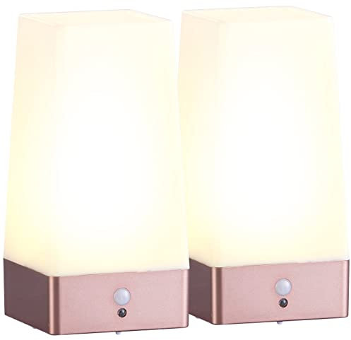 Lunartec Nachtischlampe: 2er-Set LED-Akku-Tischlampen mit PIR-Bewegungs-Sensor, USB, warmweiß (Tischlampe mit Bewegungsmelder, Lampe USB, Tischleuchte Batterie)