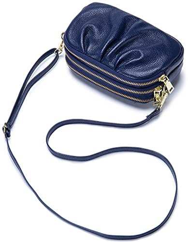 FORRICA Sac à Bandoulièr Femmes Portefeuille Cuir Véritable Sac de Téléphone Portable Pochette Dames Mode Porte Monnaie Glissière à 3 Niveaux Bleu