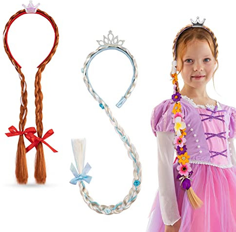 HIFOT 3Pcs Prinzessin perücke Blond, Anna und Elsa Perücke Kinder, Langhaar Perücke Zöpfe für Mädchen, Anna Rapunzel Perücke Mit Blumen Krone für Geburtstag Party Cosplay Kostüm, Braun blonde