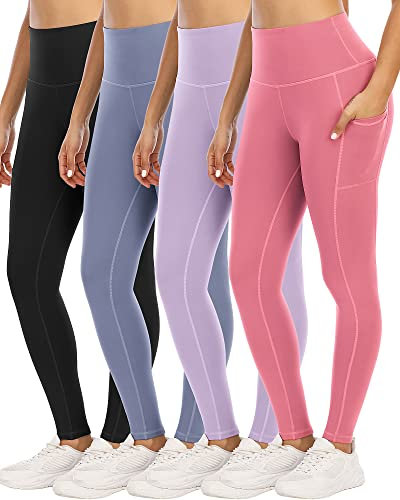 YOUNGCHARM Lot de 4 leggings avec poches pour femme, taille haute, contrôle du ventre, pantalon de yoga, Lot de 4 - noir/bleu acier/violet/rose corail, Taille M