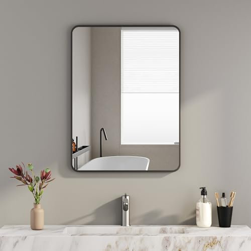 Wandspiegel groß Schwarz 50x70 cm Spiegel Rechteckiger Abgerundete Ecken Wandmontage Edelstahl Kosmetikspiegel für Badezimmer Wohnzimmer glatte Spiegeloberfläche horizontaler und vertikaler Einbau