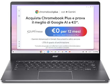 acer Chromebook Plus 514 Laptop con IA Google, CB514-4HT-31U4, Chromebook Touchscreen, Intel Core i3-N305, Ram 8 GB DDR5, 256 GB PCIe SSD, Display 14 FHD IPS Multi-touch, Intel UHD, ChromeOS