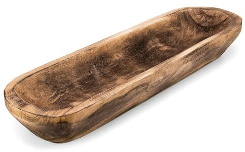 FANDOS Wooden Dough Bowl - 17¾ in Long Hand Carved Paulownia Wood Bowl for Decor - Rustic Table Centerpiece