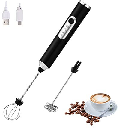 FIOUSY Handheld Electric Milk Frother with 2 Heads, Coffee Whisk Foam Mixer with USB Rechargeable 3 Speeds, Foam Maker Blender for Latte, Cappuccino, Hot Chocolate, Egg (Black)