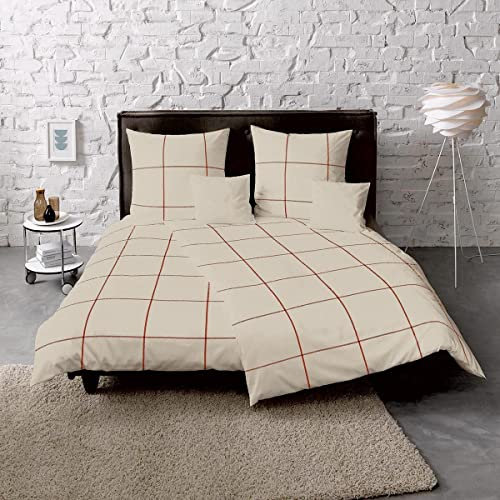 fleuresse gewebte Edelflanell Bettwäsche Lech Bootle Natur-rot 1 Bettbezug 200 x 200 cm + 2 Kissenbezüge 80 x 80 cm