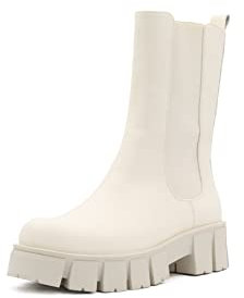 QUEEN HELENA Stivali Chelsea con Plateau Stivaletti Platform Casual Donna X27-182 (Beige, Numeric_39)