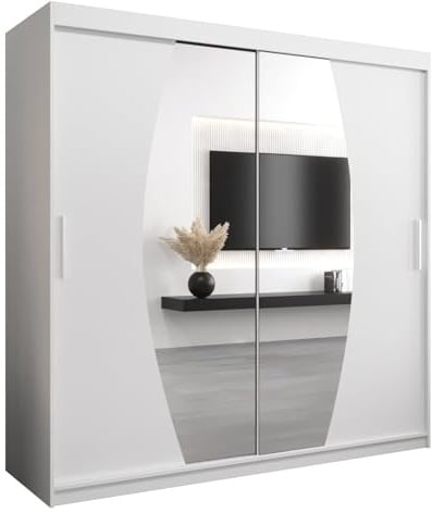 ABIKSMEBLE Elypse 200 Armoire à deux portes coulissantes pour chambre à coucher – Armoire moderne avec miroir, porte-manteau et étagères – 200 x 200 x 62 cm – Blanc mat