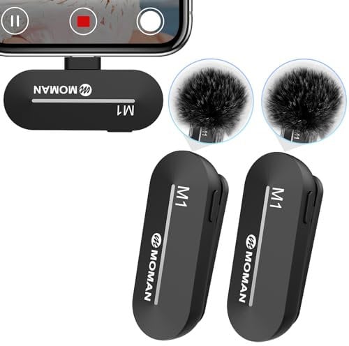 Moman Lavalier Wireless Microphone, CP1X(A) 2.4GHz【Lightning】 2TX&1RX Kabellose Ansteckmikrofon für iOS Telefone Tablets Vlog Interview Tiktok YouTube,Drahtloses-Lavalier-Mikrofon-Funkmikrofon-iPhone
