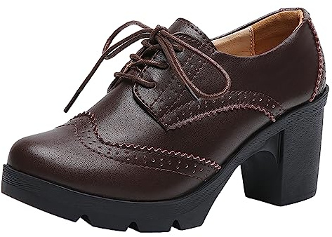 Jamron Mujer Tacón de Bloque con Cordones Brogues Derby Pumps Zapatos de Vestir
