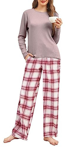 Famulily Womens Bequeme Langarm Pyjamas Set Nette Strick Top und Plaid Hosen Pjs Lounge Nachtwäsche Sets mit Taschen Rosa XXL