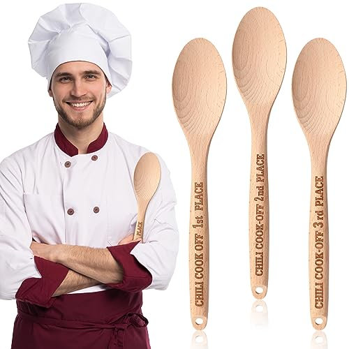 Soaoo Chili Cook Off Trophy Wooden Cooking Spoon 3 Pcs - Engraved, Carved at Handle - Prize for 1st, 2nd, 3rd Cooking Competition
