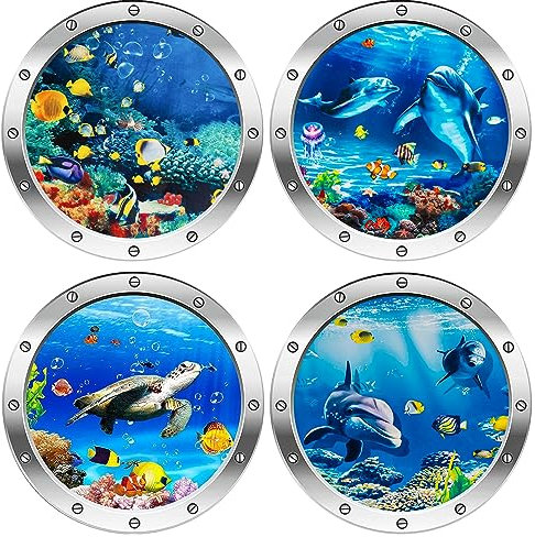 TJYAEKLTD Vinilo decorativo 3D mundo submarino 4 adhesivos de pared 3D con diseño de ojo de buey, diseño de ojo de buey (tortuga, plata)
