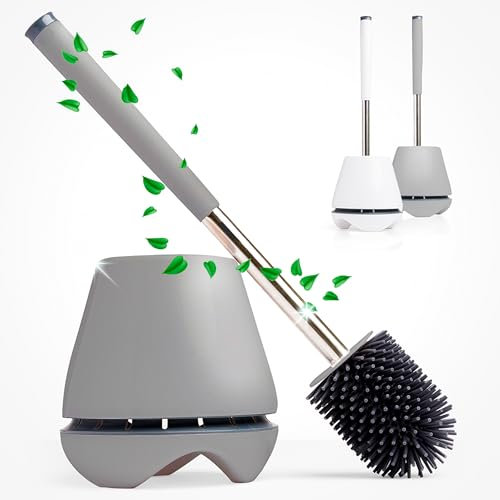 +30 Club The Original Silicone Toilet Brush with Stainless Steel Handle and Quick Drying Holder - Antibacterial Toilet Brush Holder (Grey)