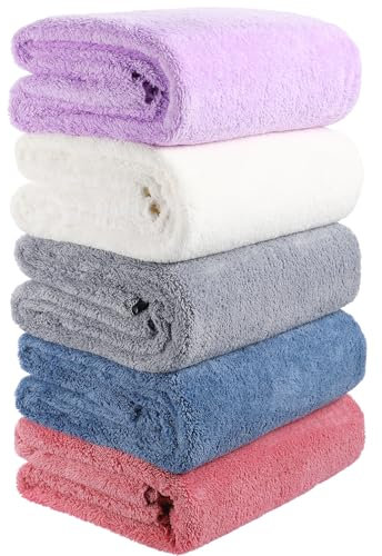 SHOWERORO 5piezas Toallas De Baño De Microfibra Suave Alta Absorción Colores Sólidos Gris Ladrillo Púrpura y Azul para SPA Gimnasio y Uso Familiar