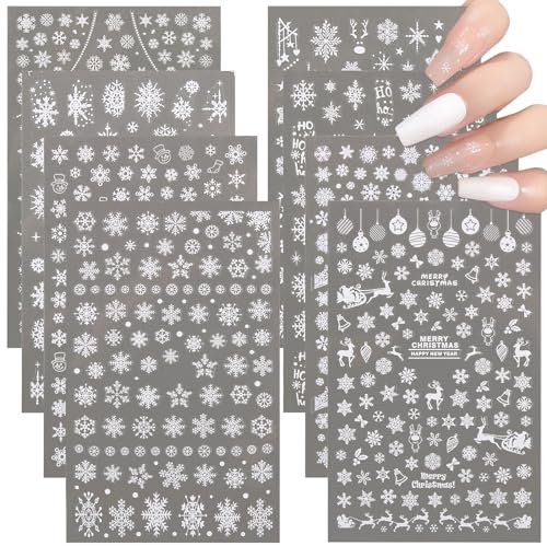 BETESSIN 8 Blatt Nagelsticker Weihnachten Schneeflocken Weiß Nagelaufkleber Selbstklebend Fingernägel Sticker Aufkleber Winter Nagelfolien Christmas Nail Art Stickers DIY Nageldesign