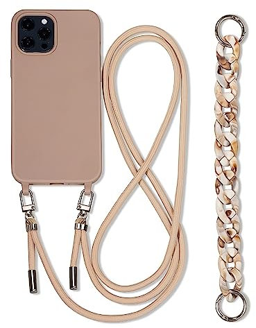 FIFTHAVE Handykette iPhone 15 pro Hülle mit Armband,Necklace Handyhülle mit Band Schutzhülle Silikon iPhone 15 pro Silikon Case Cover mit Kette Lanyard TPU Stossfest Cover 6.1 Zoll Khaki