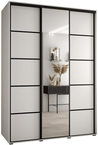 MEBLE KRYSPOL Davos 5 170 Schrank mit DREI Schiebetüren für Schlafzimmer - Moderner Schrank mit Spiegel, Kleiderstange und Regalen - 235,2x170x60 cm - Weiß Weiß Schwarz