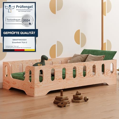 smartwood Kinderbett Bodenbett 90x180 mit Rausfallschutz & Lattenrost - Holz - Kinder Montessori Bett TILA 2B mit glatten Kanten - Betten für schnelle Montage - Bis 230 kg belastbar
