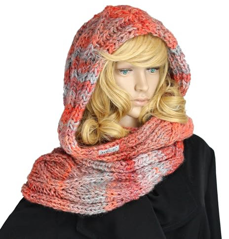 Mützen-Schal Loop orange-grau meliert Kapuzenloop exklusiv handgestrickt