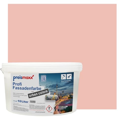Preismaxx Profi Fassadenfarbe urban colors, bunte Außenfarbe, rosa, pfirsichrosa, pink peach 10L, matte, wasserabweisende Aussen-Dispersion, hohe Wasserdampfdurchlässigkeit
