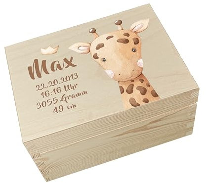 Personalisierte Erinnerungsbox Baby mit Hochwertigem Farbdruck - Individuelle Baby Erinnerungsbox - Niedliche Erinnerungskiste aus Holz - Tolles Geschenk zur Geburt (Giraffe)