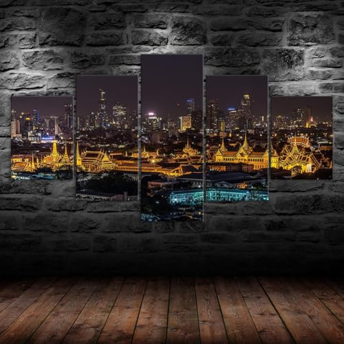 Bilder Abstrakt 5 Teilig Wandbild XXL Der Grand Palace Bangkok Thailand Nachtansicht Leinwand Bild Wandbilder Wohnzimmer Wohnung Kunstdrucke Modern Wandbilder Design Poster Wanddekoration 200x100cm