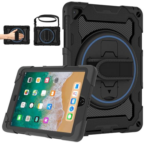 ROSROME Case for iPad 6th/ 5th Generation 9.7 Inch: Heavy Duty Rugged Cover for Air 2/ Pro 9.7 2017/2018 with Screen Protector & Pen Holder & Kickstand & Strap for kids, Black