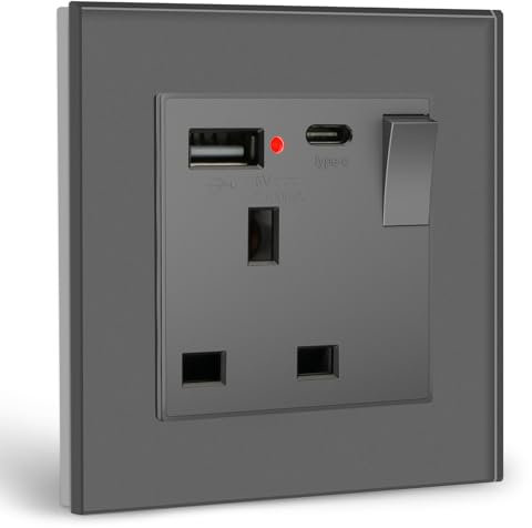 BSEED Single Switched Socket with USB C and USB A Charging Ports, UK Standard Electric Power Sockets with Glass Panel, 1 Gang Wall 13A Socket, Grey