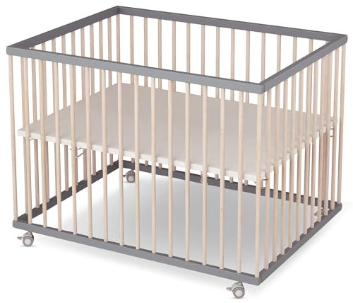 Sämann Laufstall Baby 75x100 cm | 3-fach höhenverstellbar | Laufgitter Basic | Babybett aus Holz | Krabbelgitter grau/natur