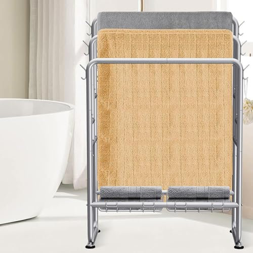 Tall Standing Towel Racks, 3 Tier Floor Towel Rack with Storage Basket, Pool Towel Stand, Blanket Ladder Drying And Display Rack for Bath Outdoor Poolside,Gray