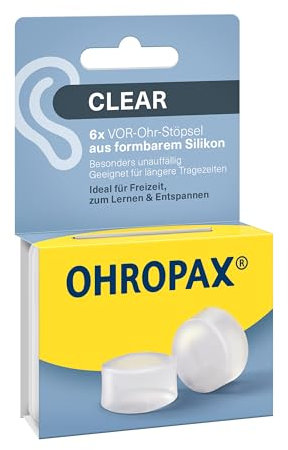 OHROPAX Clear Ohrstöpsel – klare VOR-Ohr-Stöpsel aus formbarem Silikon – besonders unauffällig – für alle Ohren geeignet – Schalldämmwert SNR 23 dB – für Freizeit, zum Lernen oder Entspannen – 6 Stück