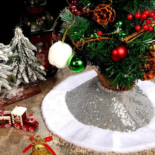 14.96 Inches Christmas Mini Tree Skirt - Glitter Sequin With White Faux Fur for Decorations, Small Mat With Plush Trim for Tabletop Pencil Xmas Tree (Silver, 38cm)