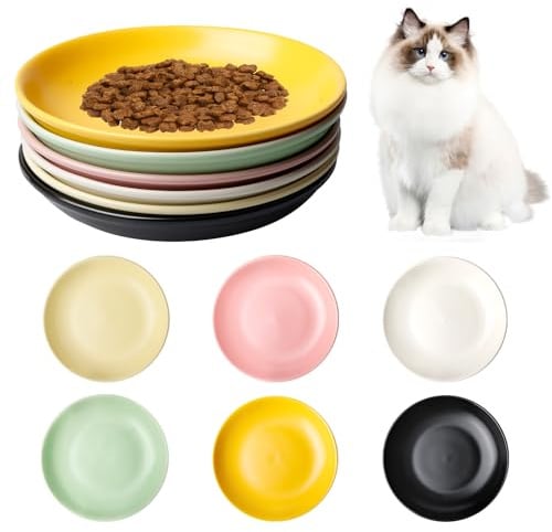Katzenschale, 6 Stück Katzengeschirr aus Keramik, bunte Katzenschalen, Keramik, Katzenschale, flach für Kätzchen und kurzbeinige Katzen zur Linderung der Müdigkeit des Whiskers (15 × 15 × 3 cm, 6